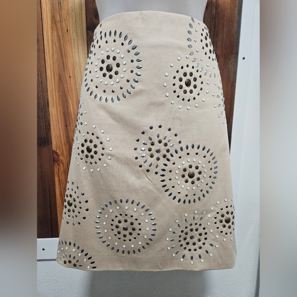 White House Black Market Tan A-Line Midi Skirt with Embellishments